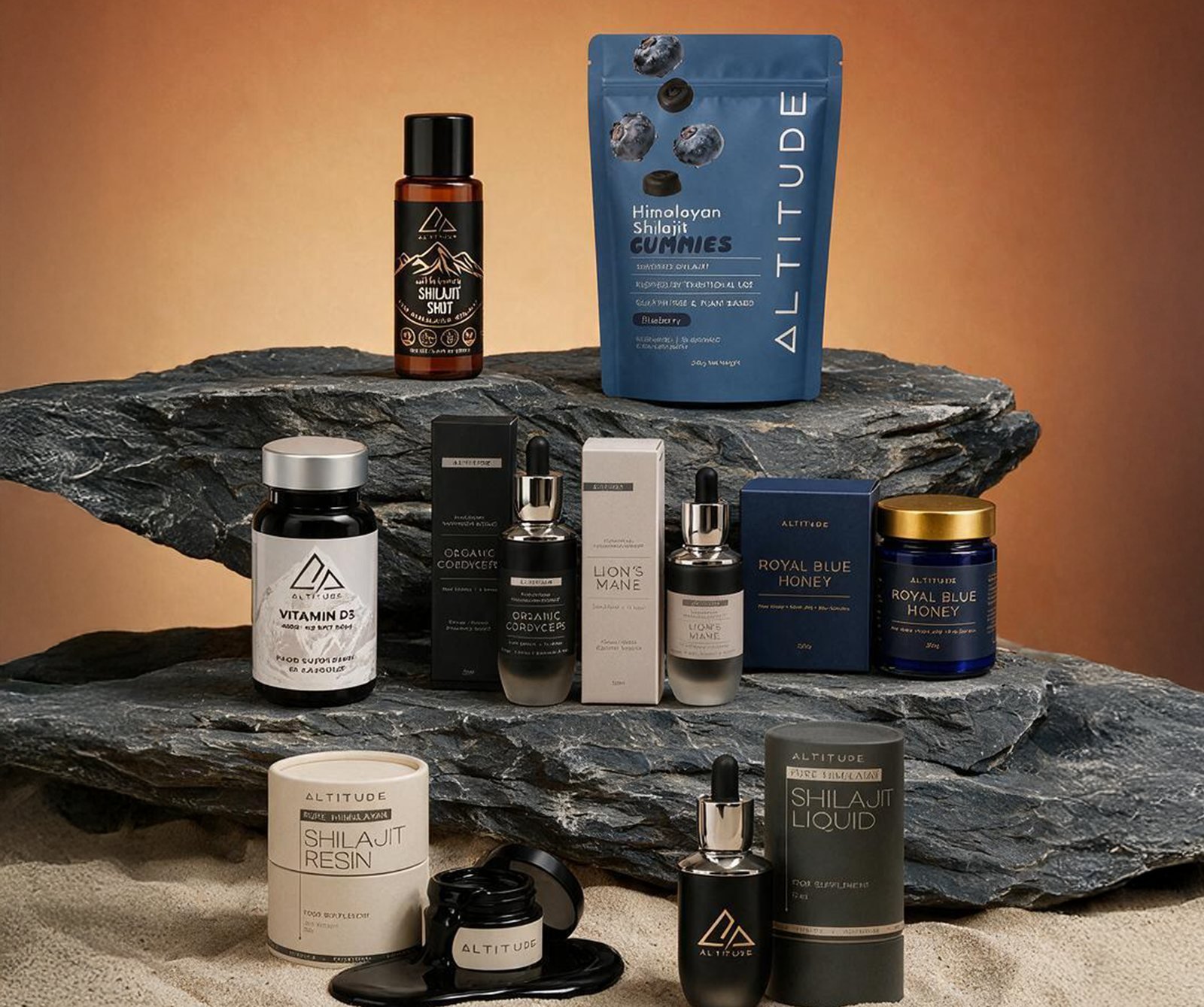 The Altitude Supplements range — shilajit resin, liquid, gummies and shots, Royal Blue Honey, Organic Lion's Mane, Organic Cordyceps and Vitamin D3 with K2