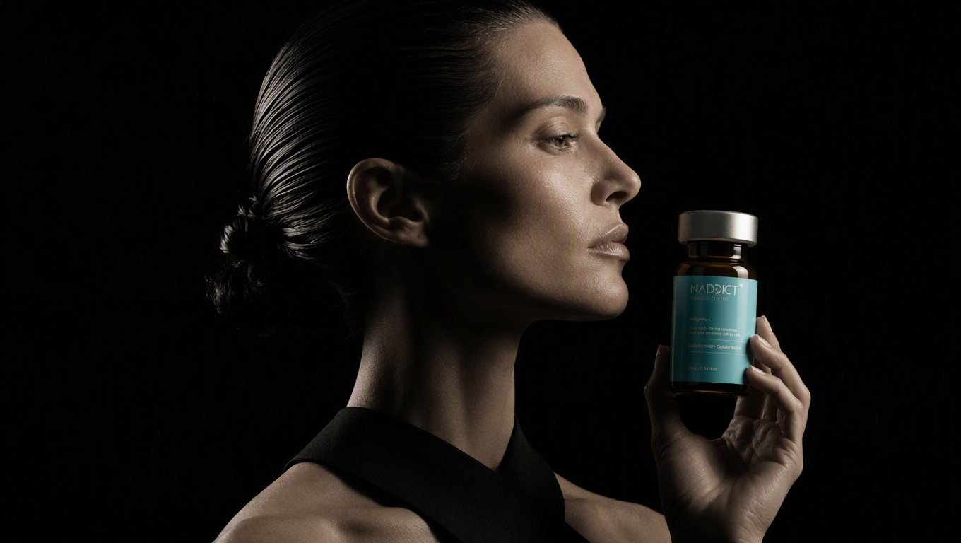 A woman holding a Nad+Prime vial in low, sculpted light